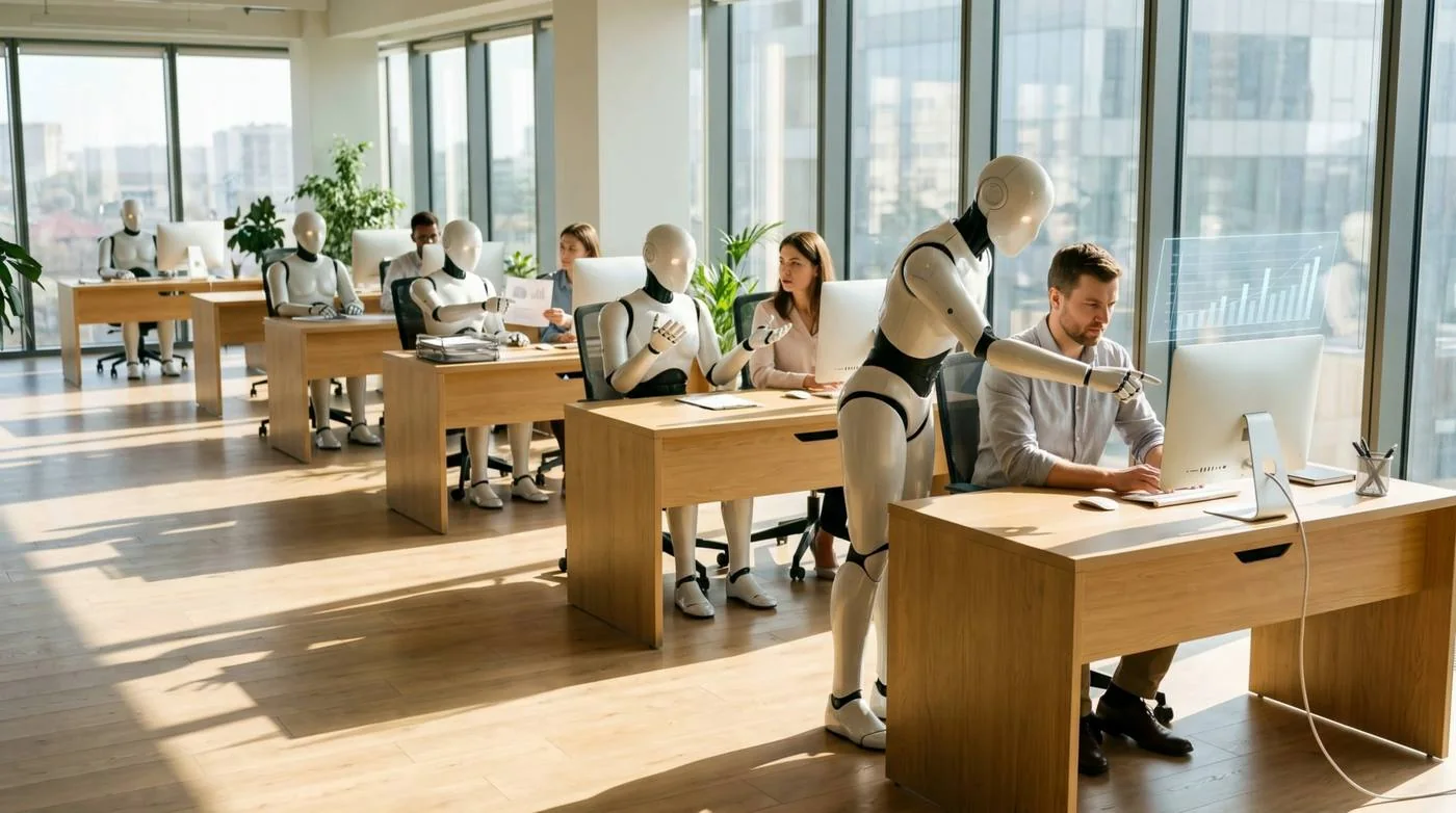 Biroul luminat de soare din hero-ul homepage-ului furnisystems.ro, oameni și roboți la aceleași birouri.